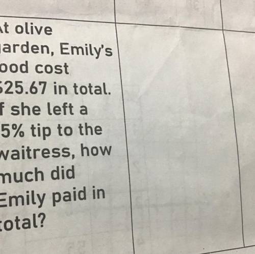 At olive

garden, Emily's
food cost
$25.67 in total.
If she left a
15% tip to the
waitress, how
mu