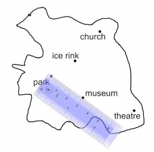© Here is a map of a town.

The map shows a centimetre ruler.
a
4 km is represented by 1 cm.
Find t