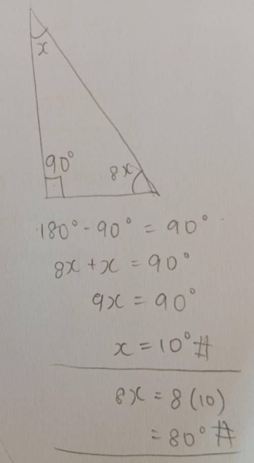 Find the measure of each acute angle in a right triangle where the measure of one acute angle is 8 t