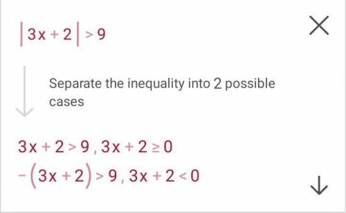 What are the solutions of |3x + 2| > 9?

O
A.
X>-
or x >
CON
3
0
B.
11
X<-
3
7
3
* - 1