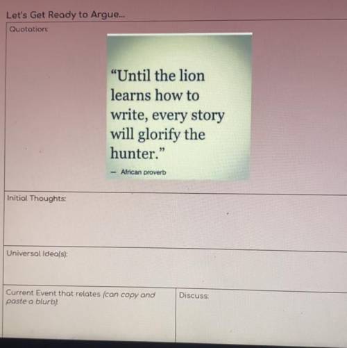 initial thought, universal idea, and current event to go with the quote “until the lion learns how