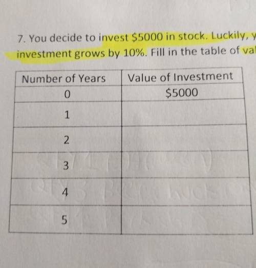 7. You decide to invest $5000 in stock. Luckily, your stock is on the rise because each year your i