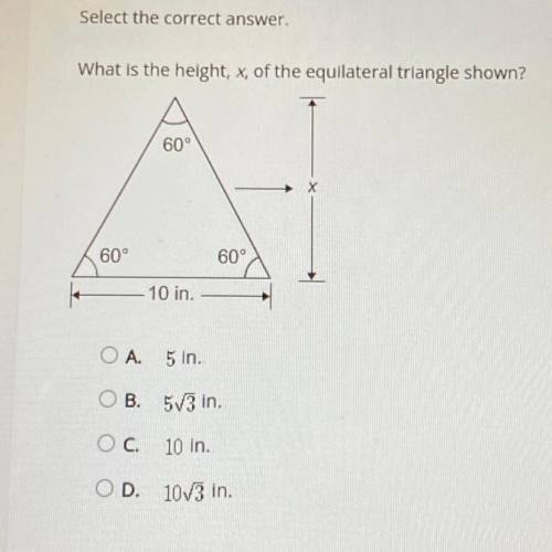 What is the height, x, of the equilateral triangle shown?