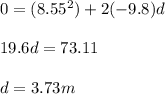 0 = (8.55^2) + 2(-9.8)d\\\\19.6d = 73.11\\\\d = 3.73 m
