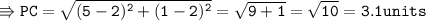 \\ \tt\Rrightarrow PC=\sqrt{(5-2)^2+(1-2)^2}=\sqrt{9+1}=\sqrt{10}=3.1units