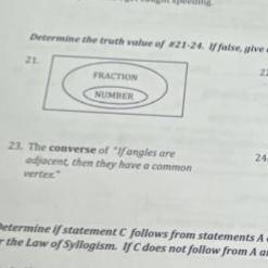 I need help with #21 (geometry)
Determine the truth value if false give a counter example.