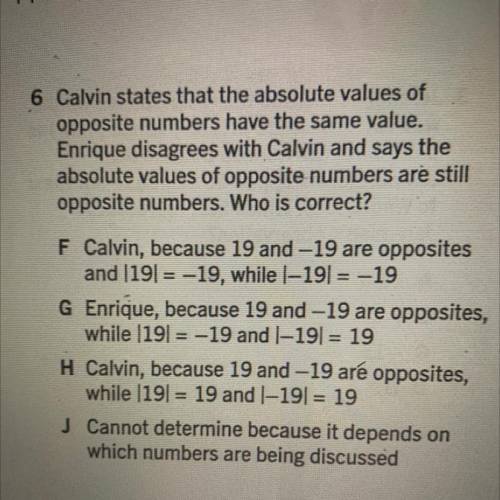 Calvin states that the absolute values of

opposite numbers have the same value.
Enrique disagrees
