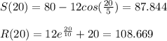 S(20) = 80 - 12cos(\frac{20}{5}) = 87.844\\\\R(20) = 12e^{\frac{20}{10}} + 20 = 108.669