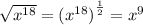 \sqrt{ {x}^{18} }  =  {( {x}^{18}) }^{ \frac{1}{2} }  =  {x}^{9}