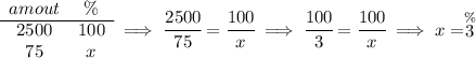 \begin{array}{ccll} amout&\%\\ \cline{1-2} 2500&100\\ 75&x \end{array}\implies \cfrac{2500}{75}=\cfrac{100}{x}\implies \cfrac{100}{3}=\cfrac{100}{x}\implies x = \stackrel{\%}{3}