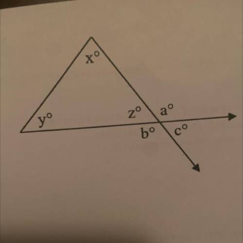 4. x° +y+2° =

[Give the measure.]
5. aº = b°
[True or False]
6. c° =
[Give the letter of the angl