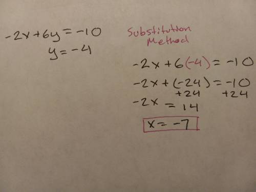 Solve algebraically using substitution or elmantion your choise -2x + 6y = -10 y = -4
