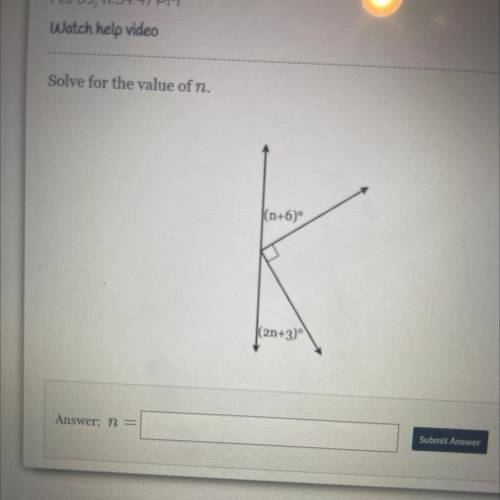 Feb 03, 11:54:47 PM

Solve for the value of n.
(n+6°
(2n+3)
Bu
 n =
Submit Answer
attempt 1