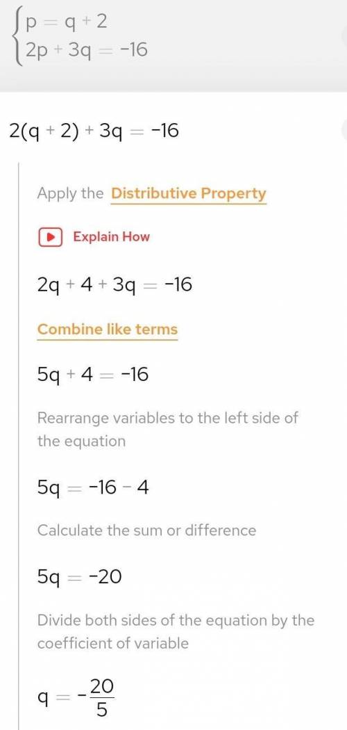 Kind of confused for how to solve this:p = q + 22p + 3q = -16