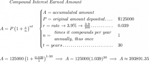 ~~~~~~ \textit{Compound Interest Earned Amount} \\\\ A=P\left(1+\frac{r}{n}\right)^{nt} \quad \begin{cases} A=\textit{accumulated amount}\\ P=\textit{original amount deposited}\dotfill &\$125000\\ r=rate\to 3.9\%\to \frac{3.9}{100}\dotfill &0.039\\ n= \begin{array}{llll} \textit{times it compounds per year}\\ \textit{annually, thus once} \end{array}\dotfill &1\\ t=years\dotfill &30 \end{cases} \\\\\\ A=125000\left(1+\frac{0.039}{1}\right)^{1\cdot 30}\implies A=125000(1.039)^{30}\implies A\approx 393891.35