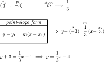 (\stackrel{x_1}{3}~,~\stackrel{y_1}{-3})\qquad \qquad \stackrel{slope}{m}\implies \cfrac{1}{3} \\\\\\ \begin{array}{|c|ll} \cline{1-1} \textit{point-slope form}\\ \cline{1-1} \\ y-y_1=m(x-x_1) \\\\ \cline{1-1} \end{array}\implies y-\stackrel{y_1}{(-3)}=\stackrel{m}{\cfrac{1}{3}}(x-\stackrel{x_1}{3}) \\\\\\ y+3=\cfrac{1}{3}x-1\implies y=\cfrac{1}{3}x-4