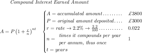 ~~~~~~ \textit{Compound Interest Earned Amount} \\\\ A=P\left(1+\frac{r}{n}\right)^{nt} \quad \begin{cases} A=\textit{accumulated amount}\dotfill &\£3800\\ P=\textit{original amount deposited}\dotfill &\£3000\\ r=rate\to 2.2\%\to \frac{2.2}{100}\dotfill &0.022\\ n= \begin{array}{llll} \textit{times it compounds per year}\\ \textit{per annum, thus once} \end{array}\dotfill &1\\ t=years\end{cases}