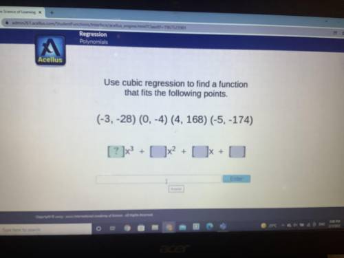 Use cubic regression to find a function that fits the following (-3,-28) (0,-4) (4,168) (-5,-174)