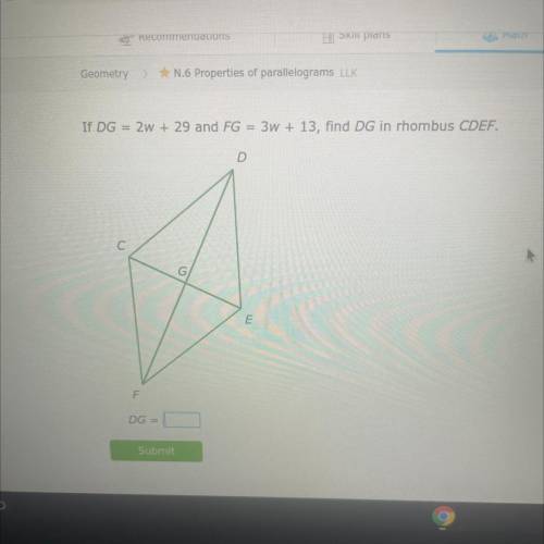 If DG = 2w + 29 and FG = 3W + 13, find DG in rhombus CDEF.