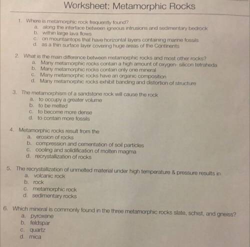 Topic: Metamorphic Rocks

Someone please help me answer these multiple choice questions!! I’ll giv
