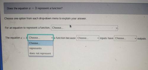 Does the equation 3 = 3 represent a function? Choose one option from each drop-down menu to explain