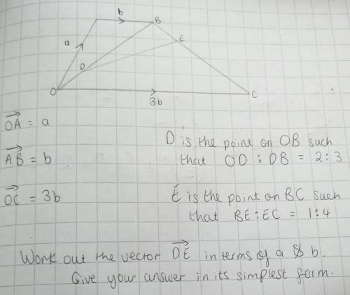 OABC is a trapezium.

D is the point on OB such that OD : DB = 2:3E is the point on BC such that B
