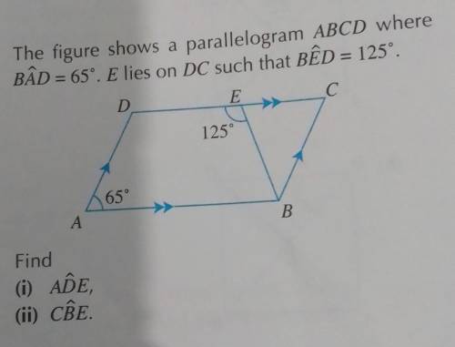 The figure shows a parallelogram ABCD where BÀD=65. E lies on DC such that BÈD=125.

Find:(I) ADB