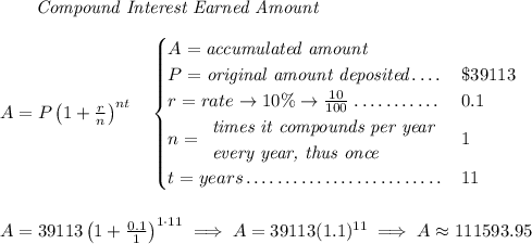 ~~~~~~ \textit{Compound Interest Earned Amount} \\\\ A=P\left(1+\frac{r}{n}\right)^{nt} \quad \begin{cases} A=\textit{accumulated amount}\\ P=\textit{original amount deposited}\dotfill &\$39113\\ r=rate\to 10\%\to \frac{10}{100}\dotfill &0.1\\ n= \begin{array}{llll} \textit{times it compounds per year}\\ \textit{every year, thus once} \end{array}\dotfill &1\\ t=years\dotfill &11 \end{cases} \\\\\\ A=39113\left(1+\frac{0.1}{1}\right)^{1\cdot 11}\implies A=39113(1.1)^{11}\implies A\approx 111593.95