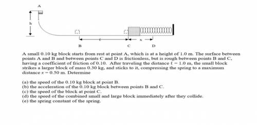 A small 0.10 kg block starts from rest at point A, which is at a height of 1.0 m: The surface betwe