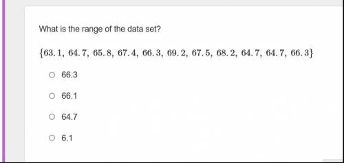 What is the range of the data set?

{63.1, 64.7, 65.8, 67.4, 66.3, 69.2, 67.5, 68.2, 64.7, 64.7, 6