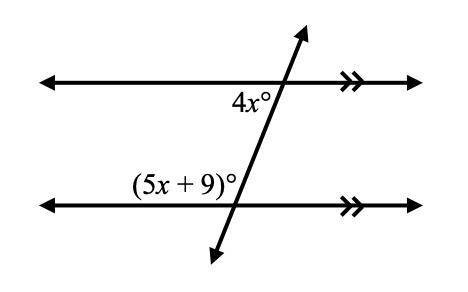 Use your knowledge of angle relationships to solve for x in the transversals below.
x=