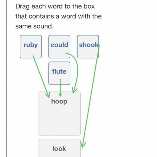 Drag each word to the box that contains a word with the same sound.

ruby
could
shook
flute
hoop
lo