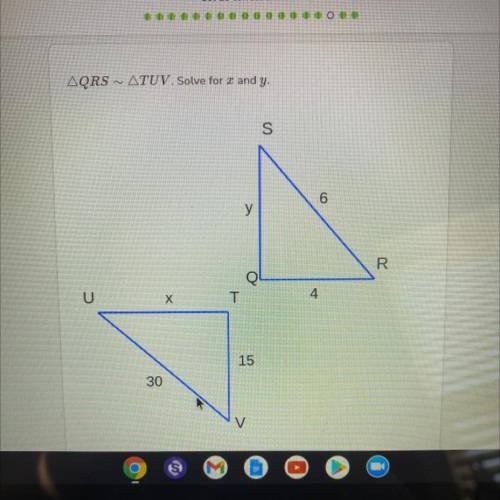 Triangle QRS ~ Triange TUV. solve for x and y