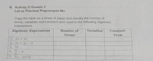 COPY THE TABLE ON A SHEET OF PAPER AND IDENTIFY THE NUMBER OF TERMS, VARIABLES AND CONSTANT TERM US