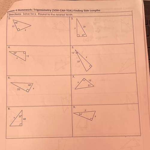 Trigonometry (SOH-CAH-TOA) finding side lengths lesson 4 homework