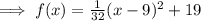 \implies f(x)=\frac{1}{32}(x-9)^2+19