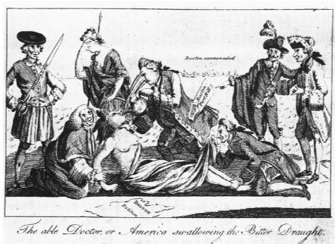 The cartoon below was published in London in 1774. It shows the British Prime Minister with a teapo