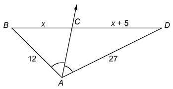 What is BD?

In triangle ABC, the length of side AB is 12 and the length of side AD is 27. The lin