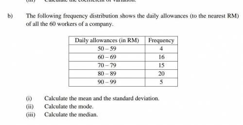 The following frequency distribution shows the daily allowances (to the nearest RM)

of all the 60