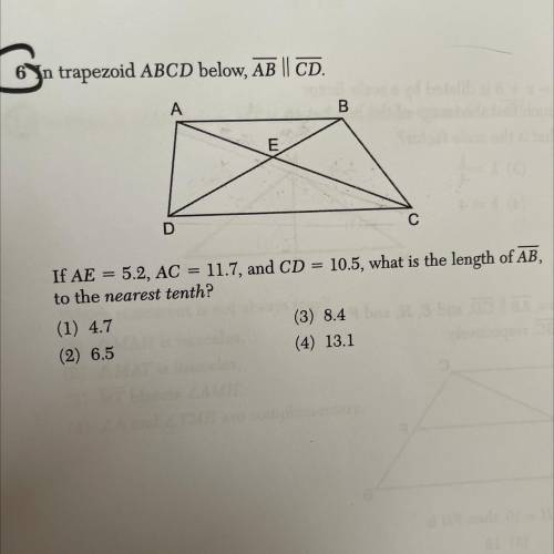 In trapezoid ABCD below, AB || CD.

If AE = 5.2, AC = 11.7, and CD = 10.5, what is the length of A