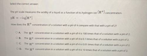 How does the H+ concentration of a solution with a pH of 4 compare with that with a pH of 2?