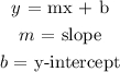 \begin{gathered} y\text{ = mx + b} \\ m\text{ = slope} \\ b\text{ = y-intercept} \end{gathered}