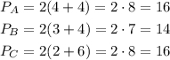 \begin{gathered} P_A=2(4+4)=2\cdot8=16 \\ P_B=2(3+4)=2\cdot7=14 \\ P_C=2(2+6)=2\cdot8=16 \end{gathered}